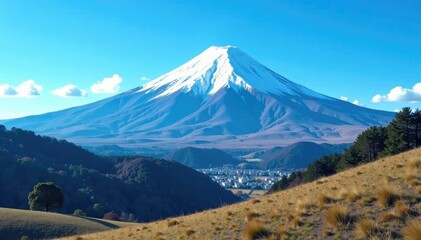Fuji against a clear blue sky with only a few wispy clouds, clear, peaceful mountains, serene scenery