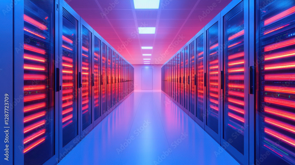 Poster cloud storage globalization communication network vibrant data center with illuminated server racks 