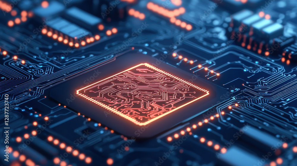 Poster cloud storage globalization communication network high tech circuit board with glowing microchip and