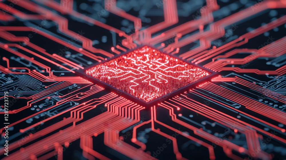 Poster cloud storage globalization communication network red circuit board with intricate patterns and glow