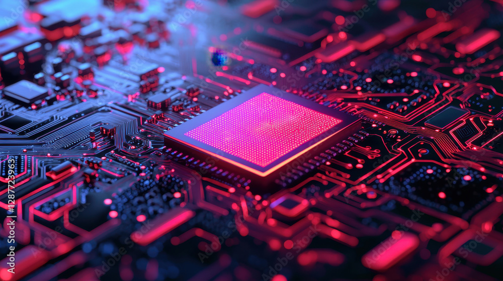 Poster cloud storage globalization communication network high tech microchip on circuit board with glowing 