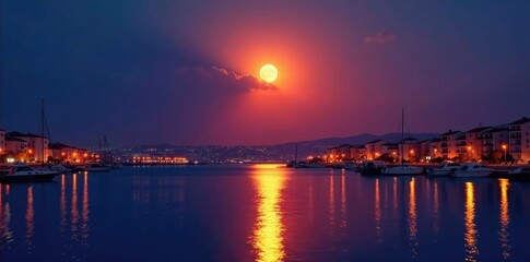 Fototapeta premium Full moon shines bright over algeciras harbor at dusk, sunset, illumination