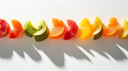 Linear fruit composition, fresh cut tropical and seasonal fruits, vibrant colors flowing left to right, pristine white surface, soft shadow details, commercial food photography style