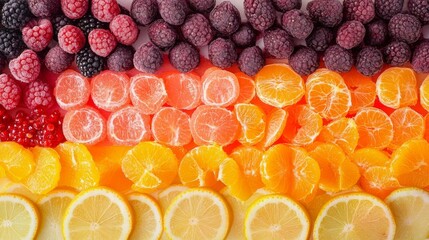 Modern fruit parade flatlay, artistic arrangement of sliced fruits, berries to citrus gradient, crisp lighting, pure white background, editorial food styling