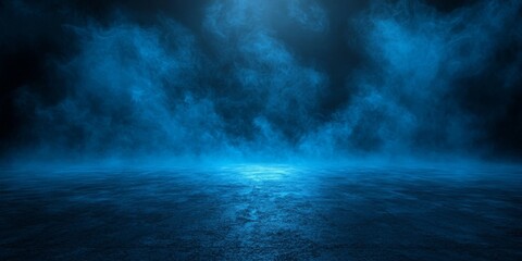Fototapeta premium Dramatic Blue Smoke Background Atmospheric Dark Scene Grungy Texture Studio Lighting