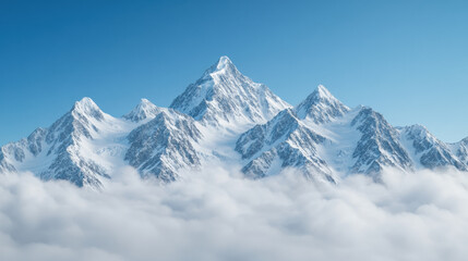 Obraz premium Majestic Snow Capped Mountain Peaks Above Cloud Cover in Clear Blue Sky