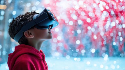 A student wearing a virtual reality headset, immersed in an interactive learning experience, representing the transformative potential of technology in education.
