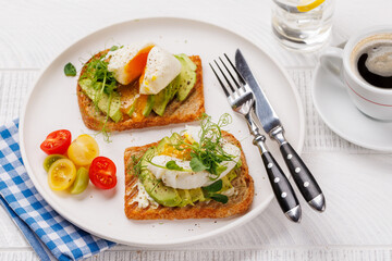 Delicious avocado toasts topped with perfectly cooked poached eggs