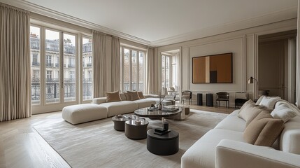 Fototapeta premium Luxurious living room with large windows, neutral color palette, and modern furniture.