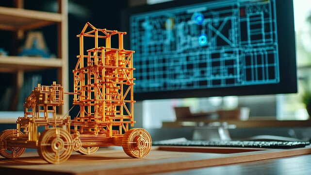 Model of a construction vehicle and computer screen displaying a blueprint in a creative workspace