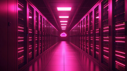 Fototapeta premium Cloud storage Globalization communication network futuristic data center with pink lighting and cloud symbol