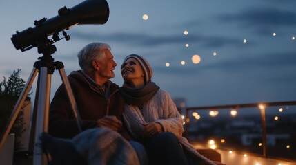 Senior living couple stargazing with a telescope on a rooftop. Featuring wonder and connection