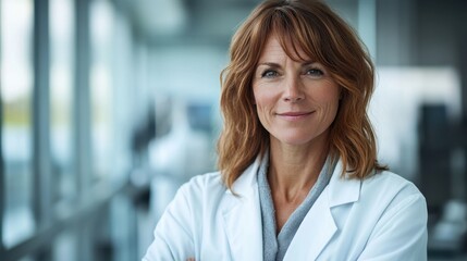 Portrait of Confident Female Doctor in White Coat Smiling in Modern Hospital Setting Professional Medical Expertise and Healthcare Innovation