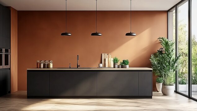 Modern kitchen interior with terracotta wall, large panoramic window, and modern gray cabinets. 
