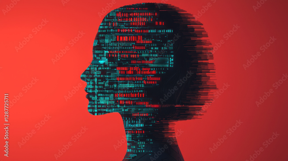 Poster cloud storage globalization communication network digital silhouette with binary code on red backgro