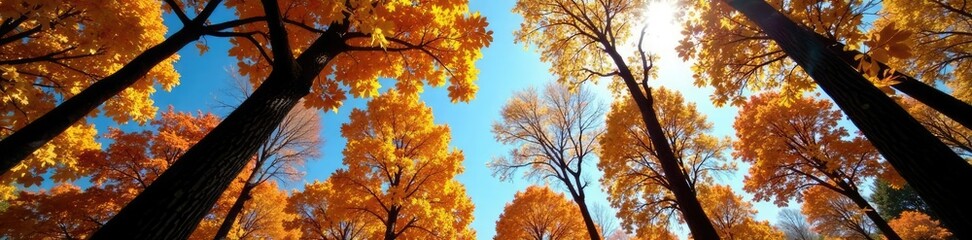 Mahogany trees against bright blue sky with fallen leaves, tree branches, fallen leaves, wooden forest