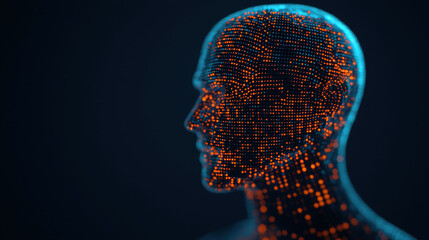 Cloud storage Globalization communication network Digital human silhouette with glowing dots in blue and orange colors