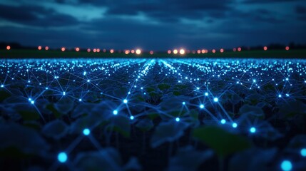Illuminated agricultural field at night, showcasing smart farming technology and data connections.