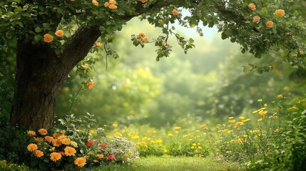 Obraz premium Lush garden scene with blooming flowers, green grass, and a large tree.