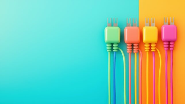A tangled mess of colorful electrical cords and plugs, representing our dependence on technology and the challenges of managing energy consumption.