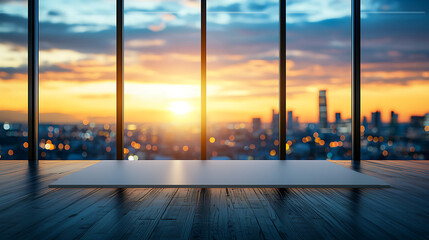 Fototapeta premium A blank table with a soft blurred cityscape view through a large window, warm sunset light