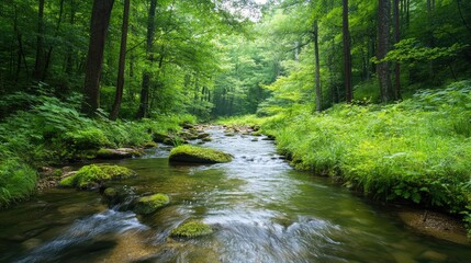Obraz premium Serene Forest Stream Flowing Through Lush Green Wilderness