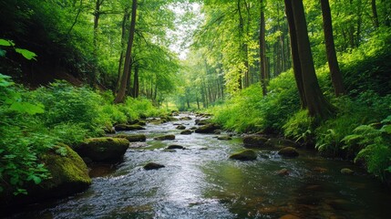 Fototapeta premium Serene Forest Stream Surrounded by Lush Green Foliage and Trees