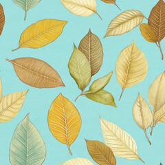 Obraz premium Assorted leaf pattern on light blue background. Autumn colored leaves scattered abstractly