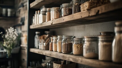 Artisanal pantry arrangement, handcrafted wooden shelving, glass vessels with natural ingredients, soft bokeh background, moody lighting, organic textures, rustic interior design