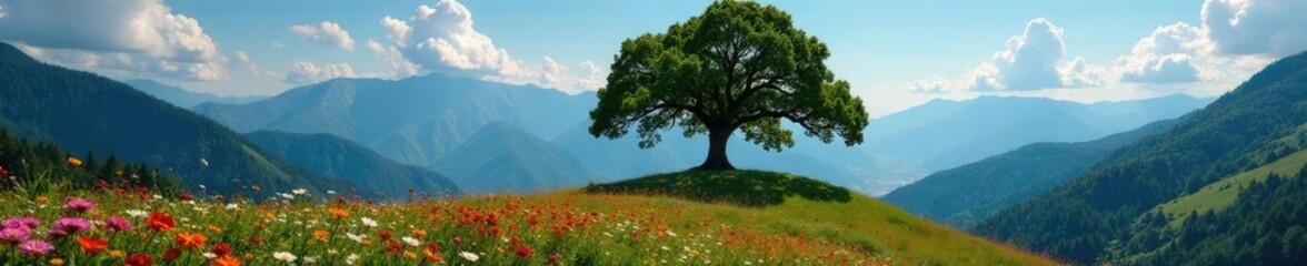 Fototapeta premium Majestic oak tree rises from hilltop amidst wildflowers, mountainous landscape, flowers, hilltop