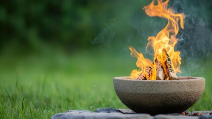 Small controlled fire pit burning steadily, glowing warmth, green screen setting