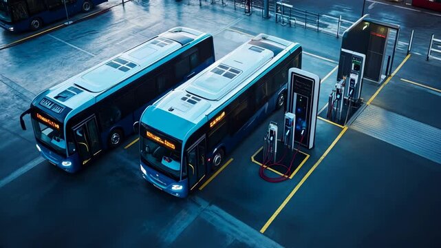 Electric Buses Charging at Station: Sustainable Public Transport in a Modern City with Green Energy and Eco-Friendly Solutions