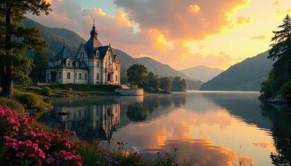 Majestic palace with lush gardens and serene lake at sunset, palace, water, garden