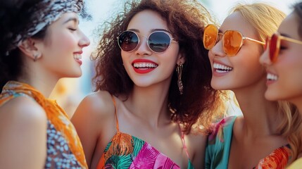 Diverse group of Japanese women happily conversing in colorful sarongs promoting skincare and cosmetics in a fun lively atmosphere