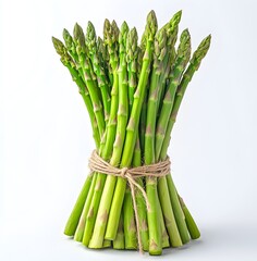 A bunch of freshly harvested asparagus gathered on a white surface