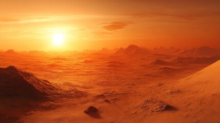 Naklejka premium Vibrant sunset over a vast, orange desert landscape with rolling sand dunes and distant mountains.