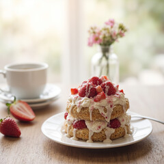 cup of coffee and cake with strawberries