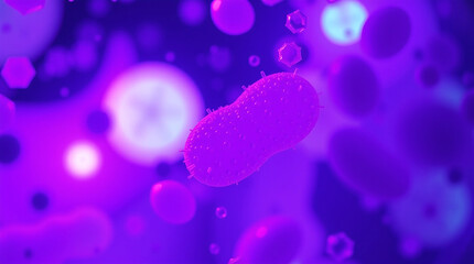 Dreamy close-up of bioluminescent bacteria and microbes under a microscope. Deep ultraviolet hues, smooth cells in liquid. Realistic microbiology illustration with a modern laboratory aesthetic. Hazy.