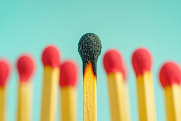 A matchstick standing out with a contrasting head, emphasizing individual characteristics among a uniform group.