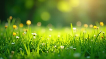 Serene Meadow Landscape Vibrant Green Grass, Delicate White and Yellow Wildflowers Basking in the Warm Golden Sunlight of a Peaceful Spring Day