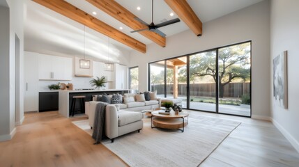 Fototapeta premium Cozy and charming modern farmhouse living space featuring exposed wooden ceiling beams a plush area rug