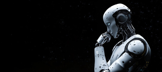 White AI Robot Thinking with its Hand on its Chin isolated over a Stars Background with Copy Space 