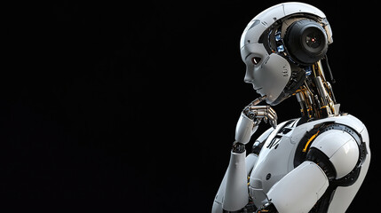 White AI Robot Thinking with its Hand on its Chin isolated over a Black Background with Copy Space 