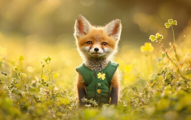 Smiling fox cub wearing a tiny leprechaun vest on a soft goldenrod background Saint Patrick Day