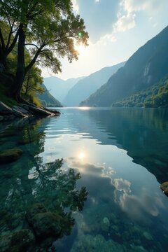 Riflessi d'acqua su una struttura sulla riva del lago, atmosfera, acque specchiata, lago