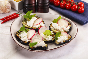 Grilled eggplant with cheese and radish