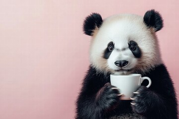 Fototapeta premium This cute panda with a gentle expression holds its beverage, radiating warmth and joy against a lovely pink backdrop.
