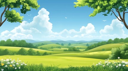 Fototapeta premium Springtime Valley View; Lush Landscape; Peaceful Scene; Ideal for Backgrounds