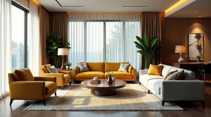 Fototapeta premium Modern Living Room Interior Design with Mustard Yellow Accents and Sheer Curtains