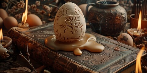Carved bone Easter egg resting atop an ancient leather-bound spellbook surrounded by burning incense and melted wax